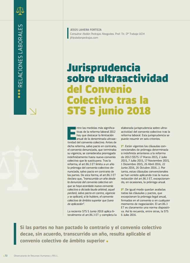 Jurisprudencia sobre Ultraactividad del Convenio Colectivo tras la STS de 5 de Junio de 2018