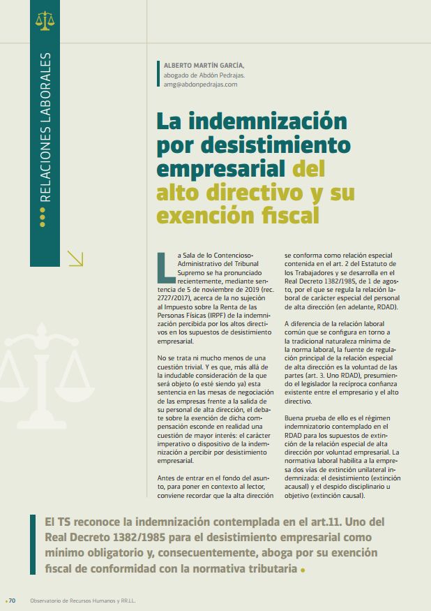 La indemnización  por desistimiento  empresarial del  alto directivo y su  exención fiscal