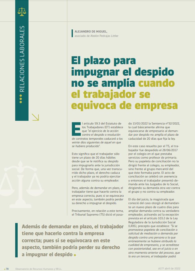 El plazo para impugnar el despido no se amplía cuando el trabajador se equivoca de empresa