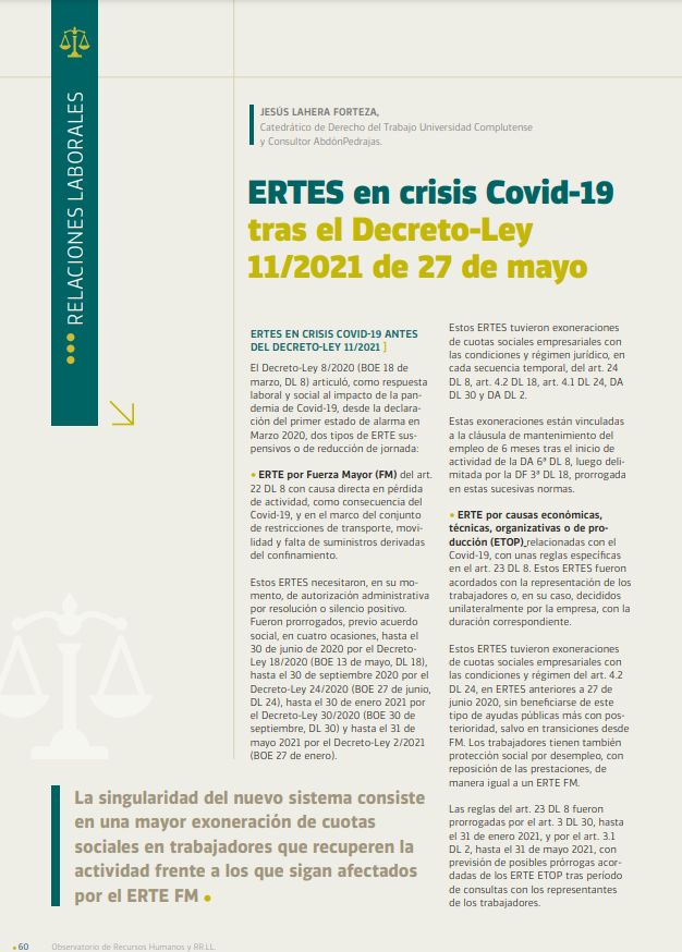 ERTES  en crisis Covid-19 tras el Decreto-Ley 11/2021 de 27 de mayo