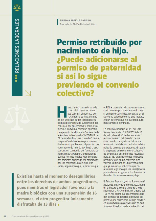 Permiso retribuido por nacimiento de hijo. ¿Puede adicionarse al permiso de paternidad si así lo sigue previendo el convenio colectivo?