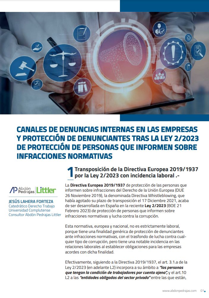 CANALES DE DENUNCIAS INTERNAS EN LAS EMPRESAS Y PROTECCIÓN DE DENUNCIANTES TRAS LA LEY 2/2023 DE POTECCIÓN DE PERSONAS QUE INFORMEN SOBRE INFRACCIONES NORMATIVAS