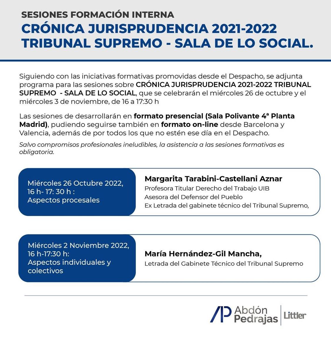SESIONES FORMACIÓN INTERNA - CRÓNICA JURISPRUDENCIA 2021-2022 TRIBUNAL SUPREMO - SALA DE LO SOCIAL