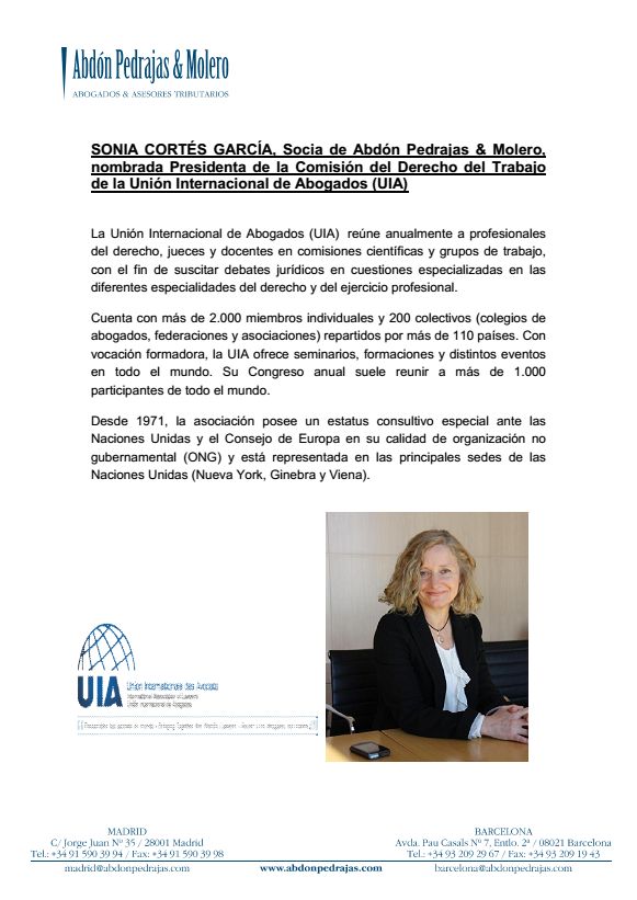 SONIA CORTÉS GARCÍA, Socia de Abdón Pedrajas & Molero, nombrada Presidenta de la Comisión del Derecho del Trabajo de la Unión Internacional de Abogados (UIA)